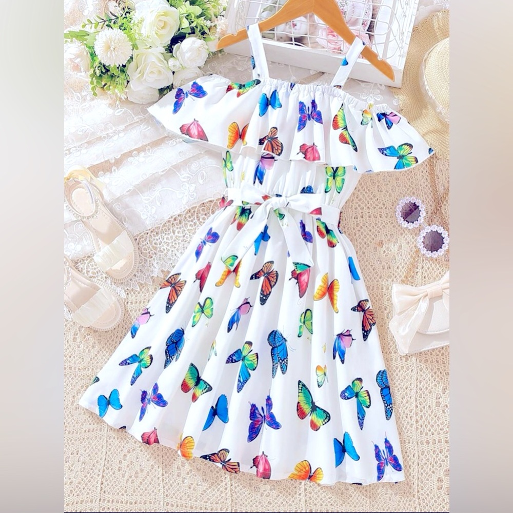 6y girl, Butterfly Print Cold Shoulder Dress